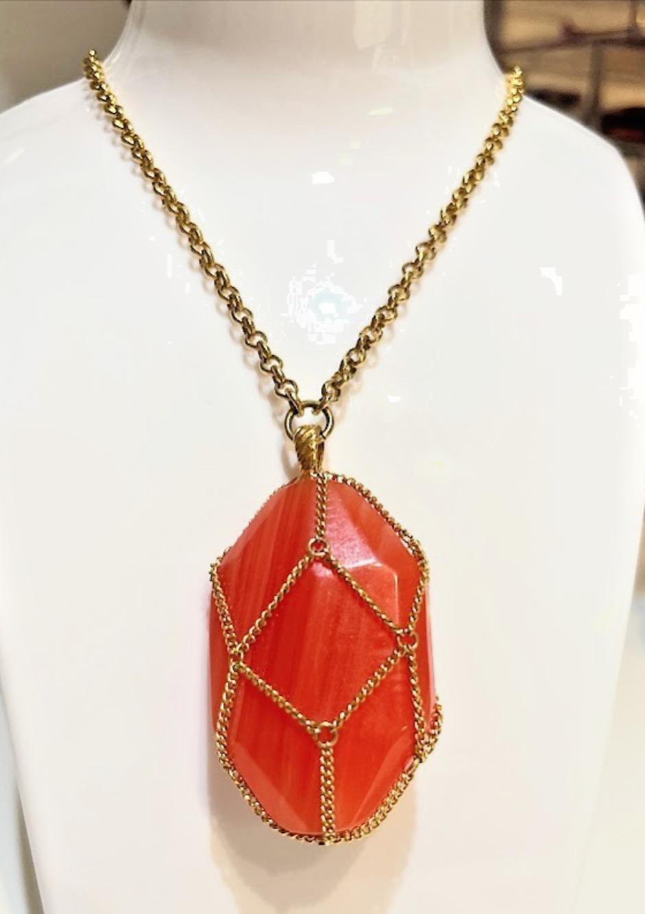 Joan Rivers Chic Faux Coral Caged Wrapped Pendant 18" Gold Tone Chain Necklace